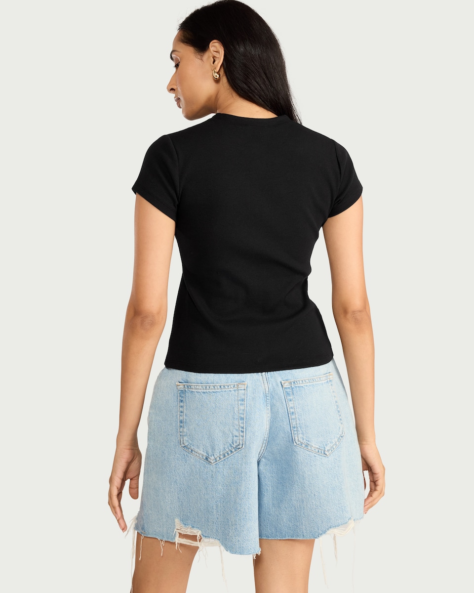 image 1 of F&F Cotton Rich Ribbed Button Up Top in Black