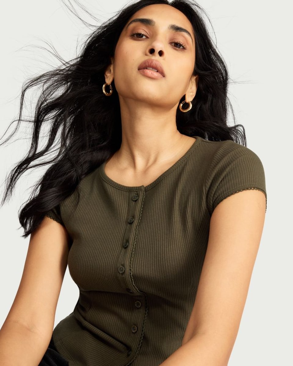 image 1 of F&F Cotton Rich Ribbed Top in Khaki