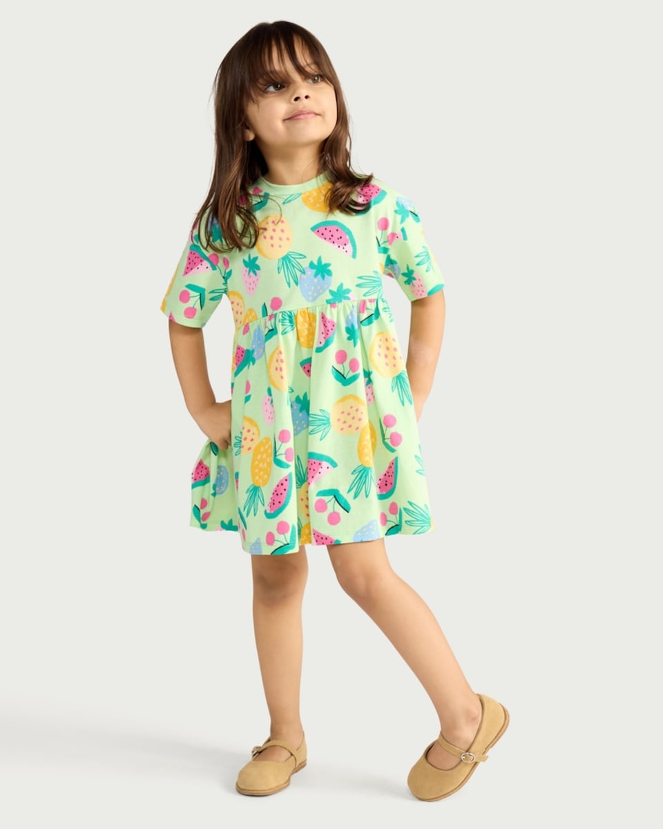 image 1 of F&F Girls Pure Cotton Fruit Print Short Sleeved Dress in Multi Green