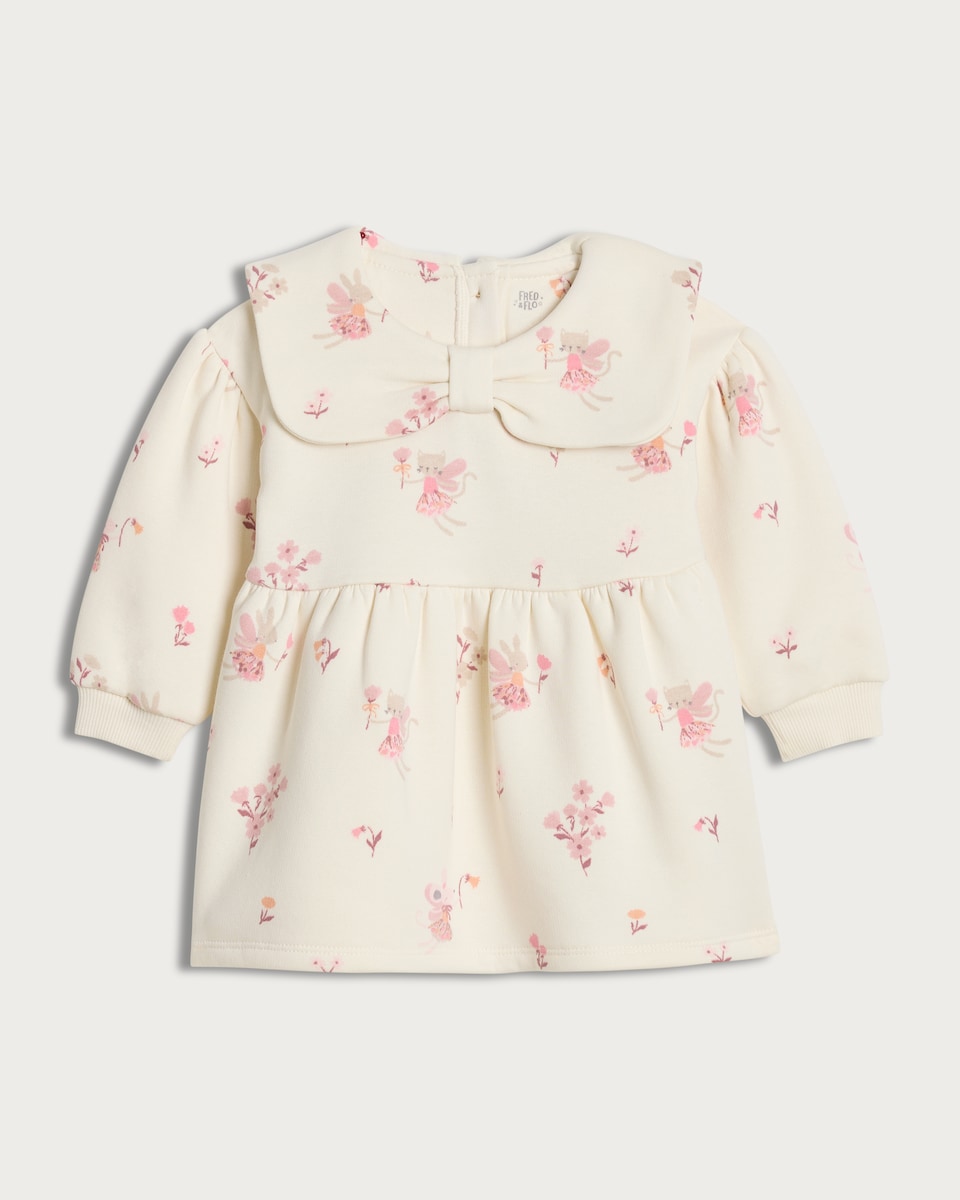 image 1 of F&F Baby Cotton Rich Fairy Mouse Print Sweat Dress in Cream