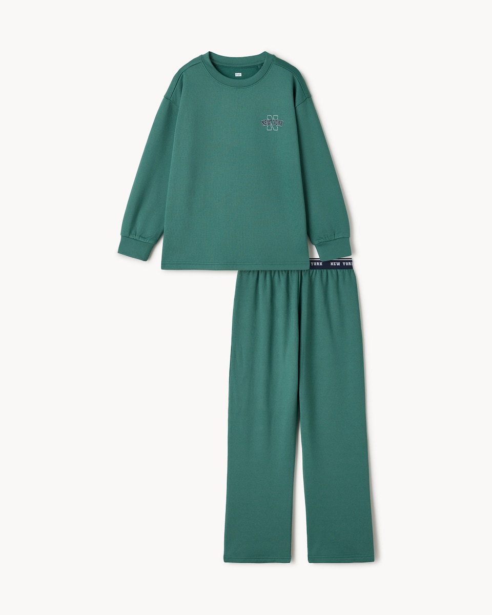 image 1 of F&F Boys Sweatshirt and Bottoms Pyjama Set in Green