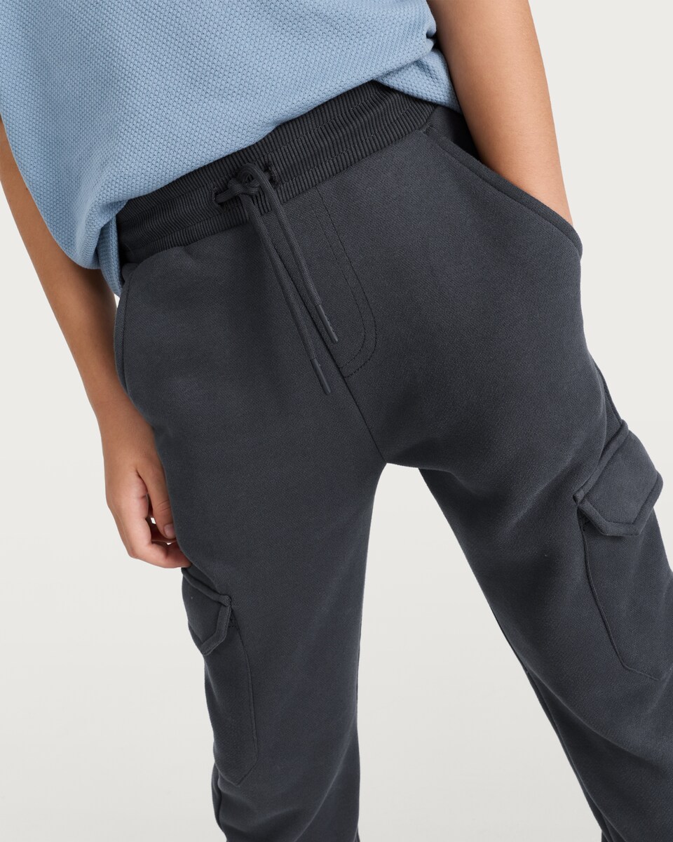 image 1 of F&F Boys Cotton Rich Cuffed Drawstring Cargo Joggers in Graphite