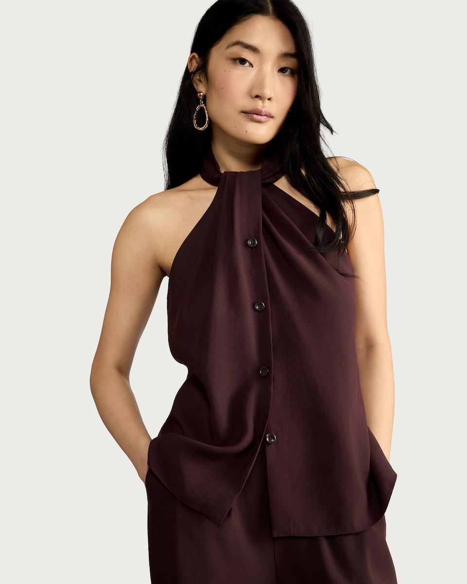 image 1 of F&F Modal Rich Halterneck Co-ord Blouse in Burgundy