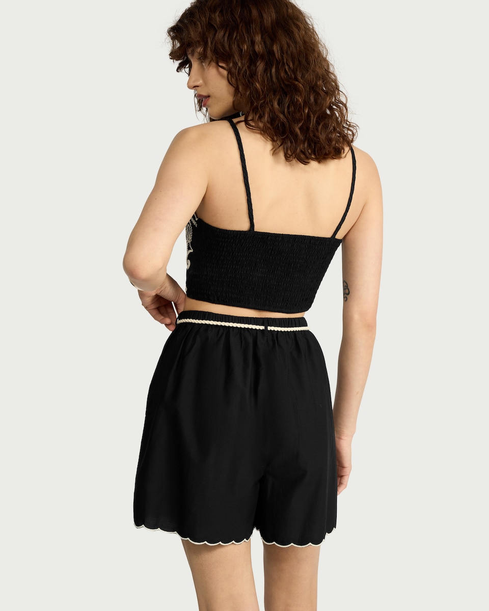image 1 of The F&F Edit Cotton Rich Embroidered Co-ord Shorts  in Black