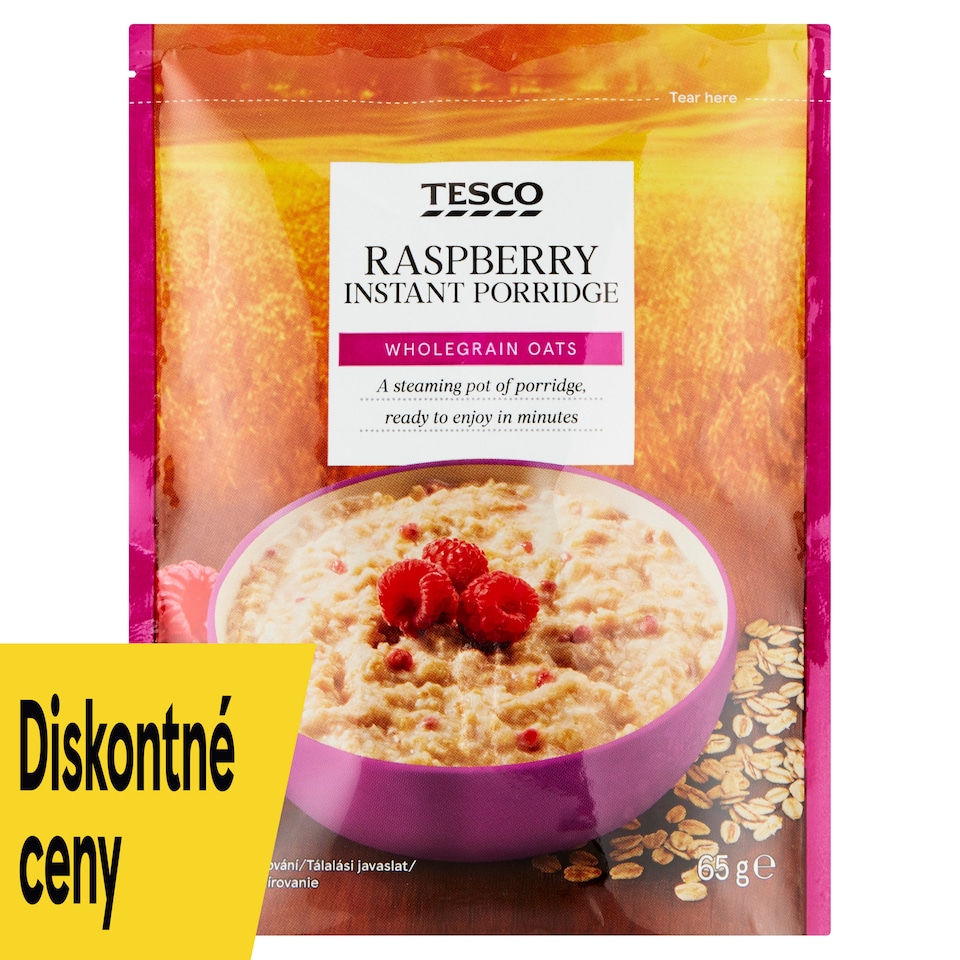 Tesco Instantná ovsená kaša s kúskami mrazom sušených malín 65 g