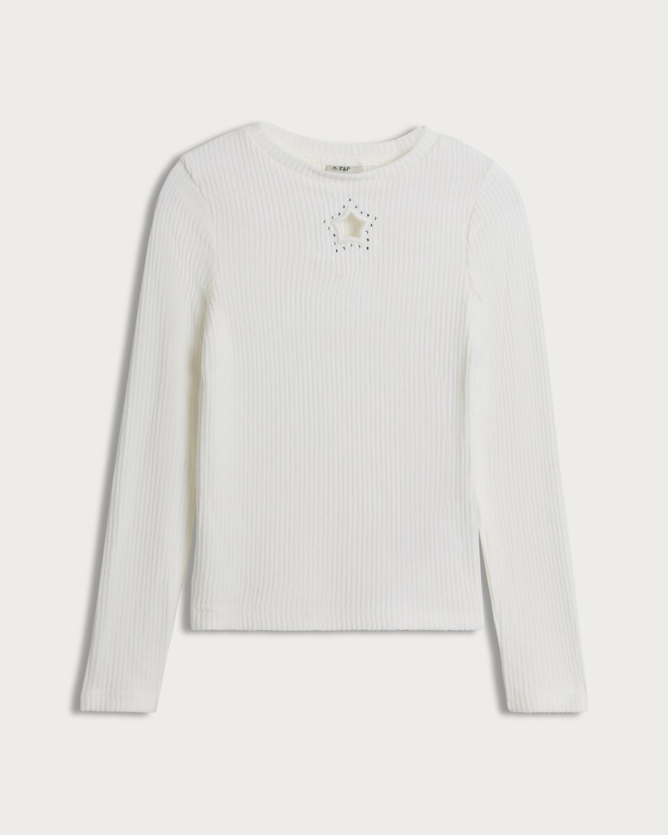 image 1 of F&F Girls Ribbed Star Cut Out Top in Cream
