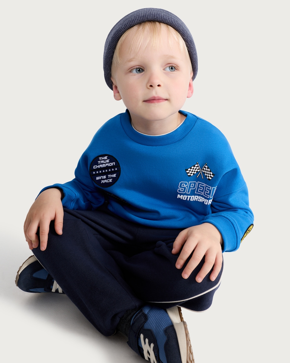 image 1 of F&F Boys Cotton Rich Speed Motorsports Slogan Sweatshirt in Blue