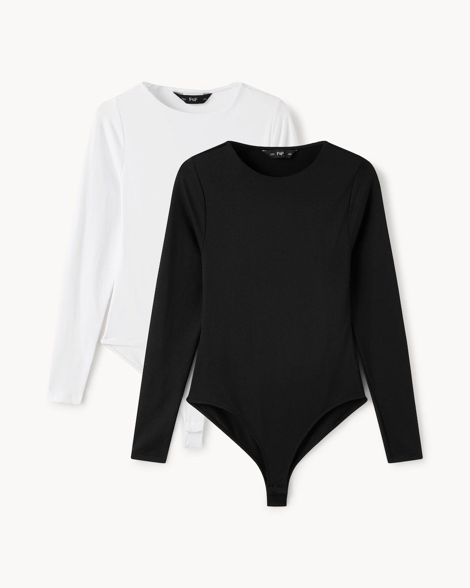 image 1 of F&F 2-Pack Polyamide Crew Neck Long Sleeved Bodysuits in Multi Black