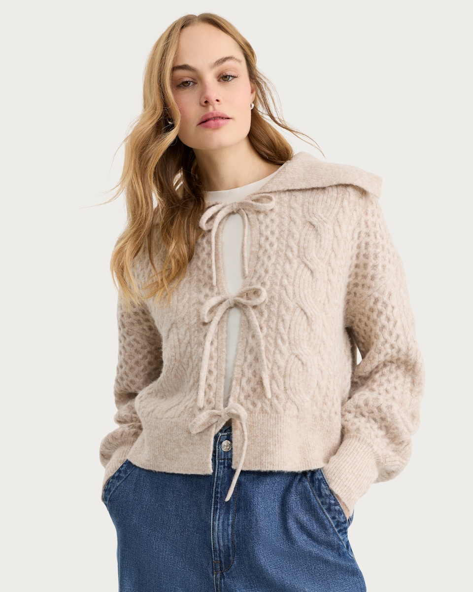 image 1 of F&F Cable Knit Tie Front Cardigan with Wool in Mink