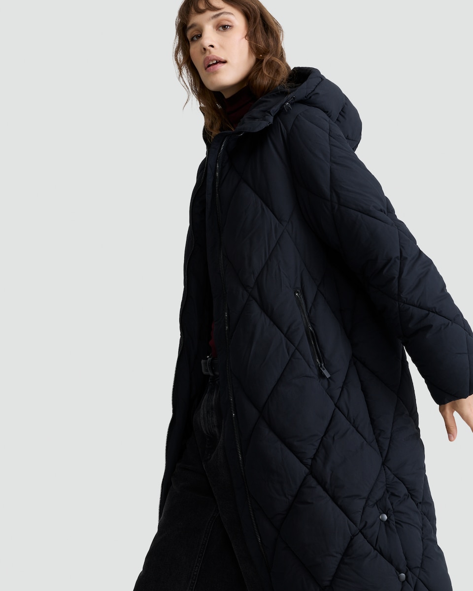 image 1 of F&F Quilted Longline Shower Resistant Zip Up Coat in Black