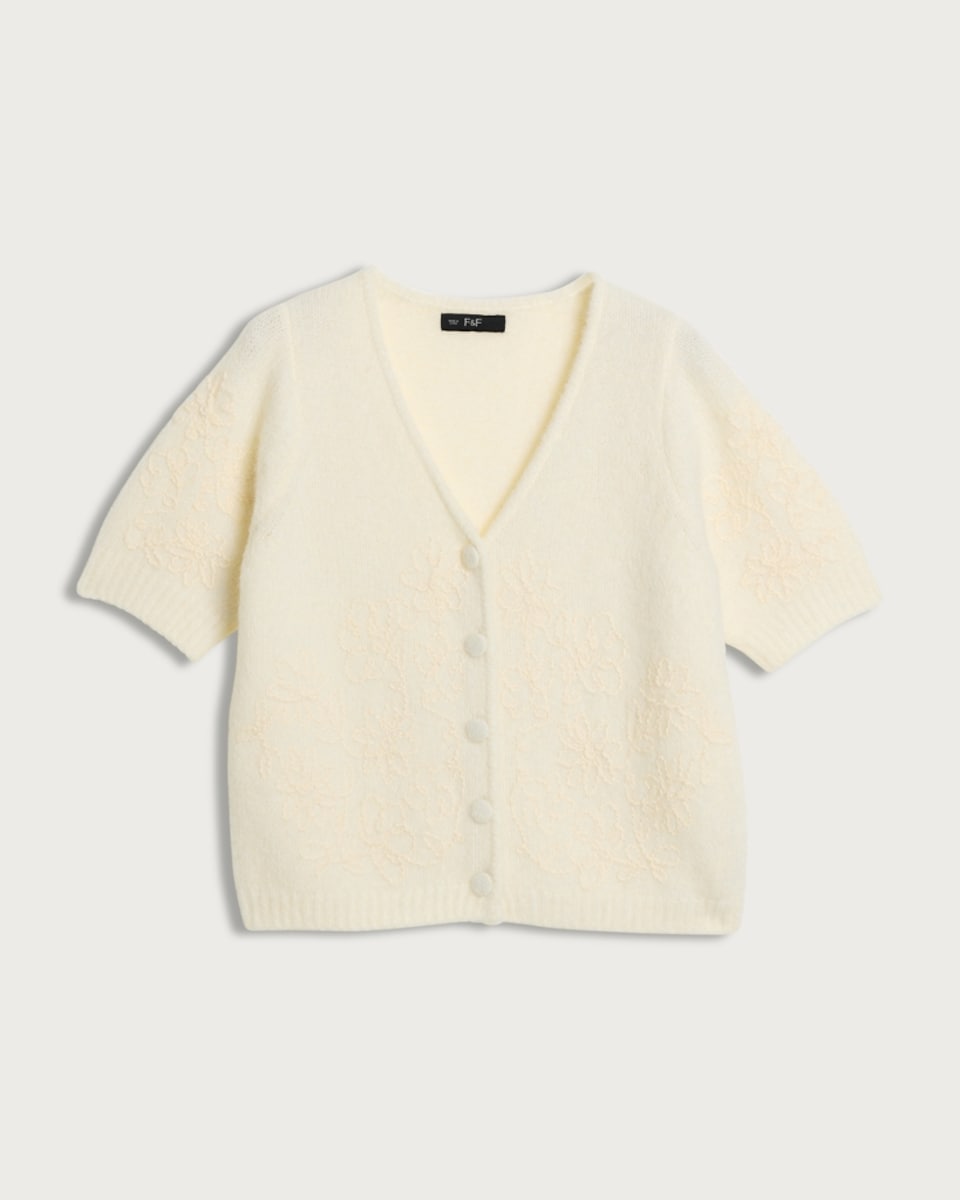 image 1 of F&F Floral Embroidered Button Up Cardigan in Cream