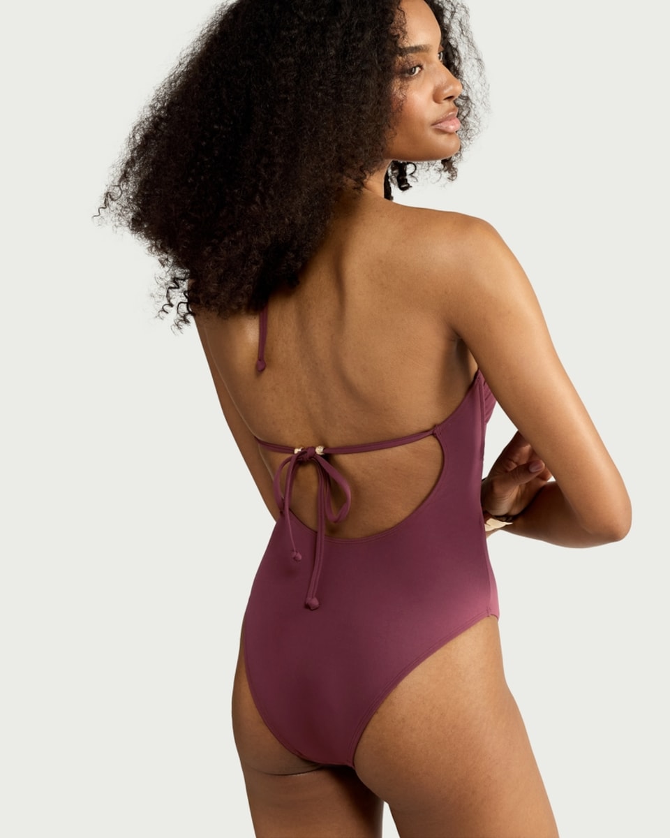image 1 of F&F Cut Out Beaded Halterneck Swimsuit in Purple
