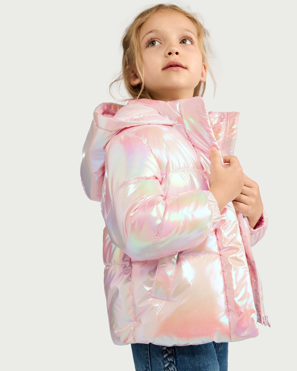 image 1 of F&F Girls Metallic Hooded Puffer Coat in Multi
