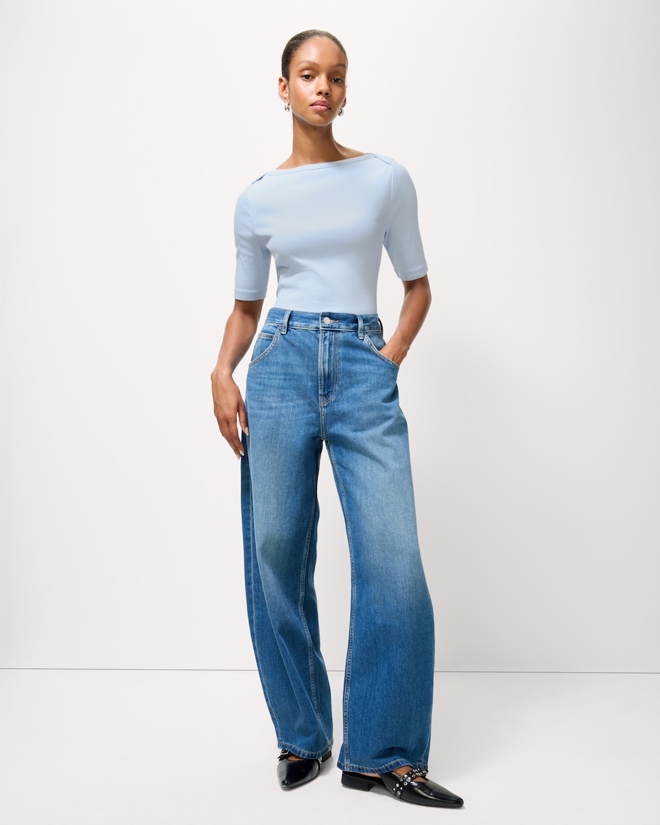 image 1 of F&F Cotton Rich Boat Neck Top in Blue