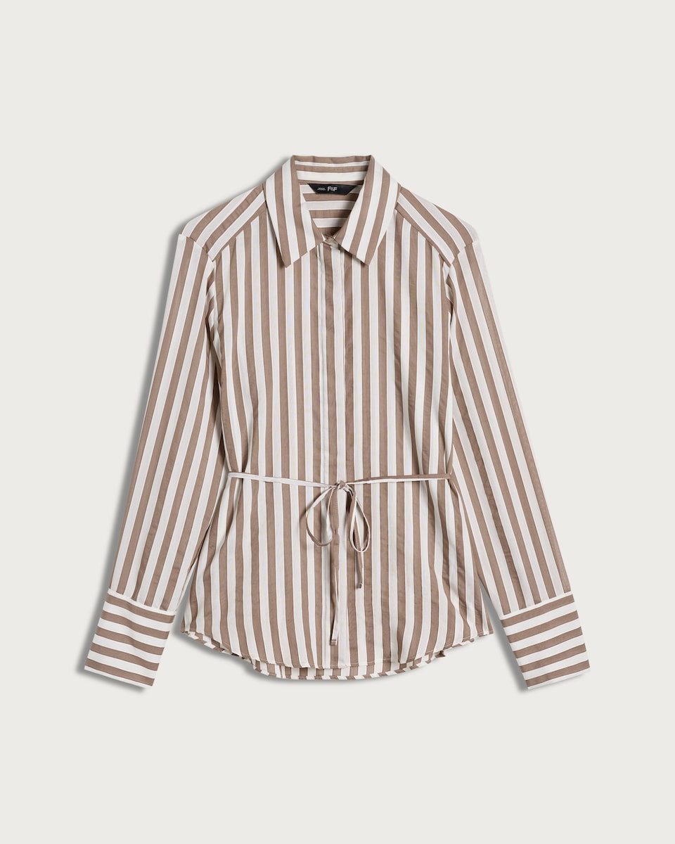 image 1 of F&F Textured Stripe Print Tie Waist Shirt in Neutral