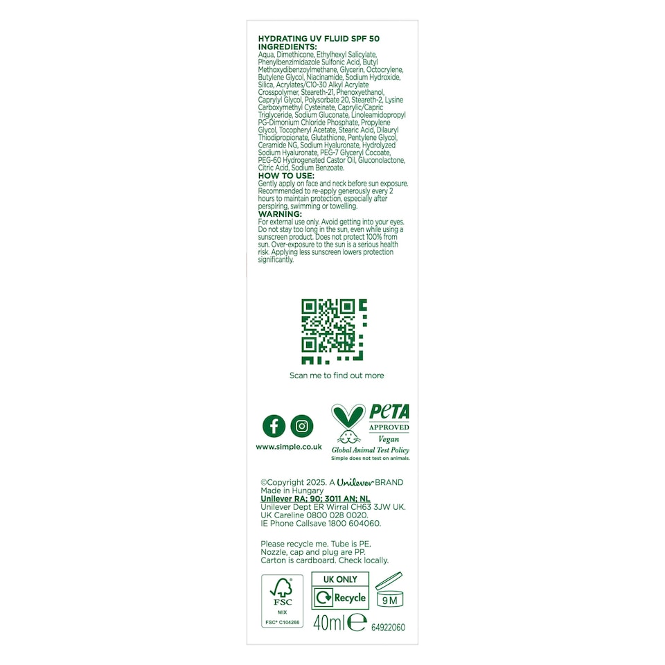 image 1 of Simple Hydrating UV Face Fluid SPF 50 40ml