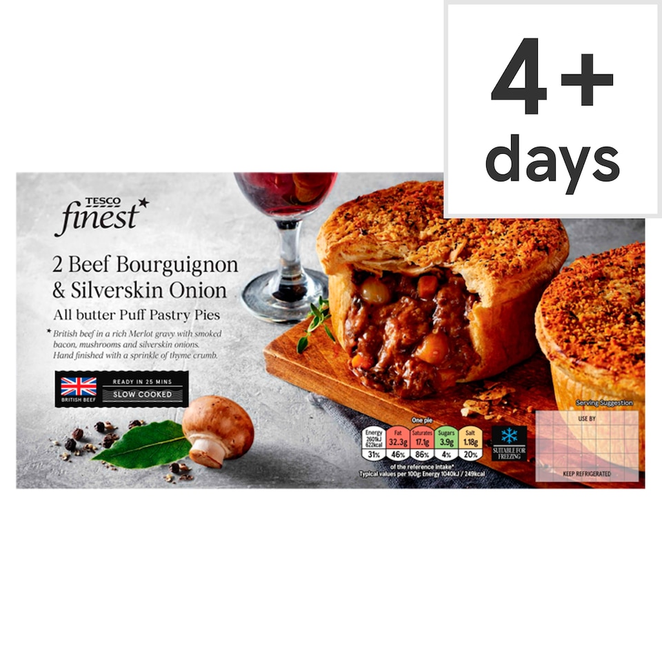 Tesco Finest 2 Beef Bourguignon & Silverskin Onion Pies 500g