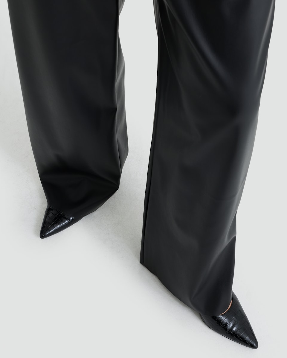 image 1 of The F&F Edit Faux Leather Wide Leg Drawstring Joggers in Black