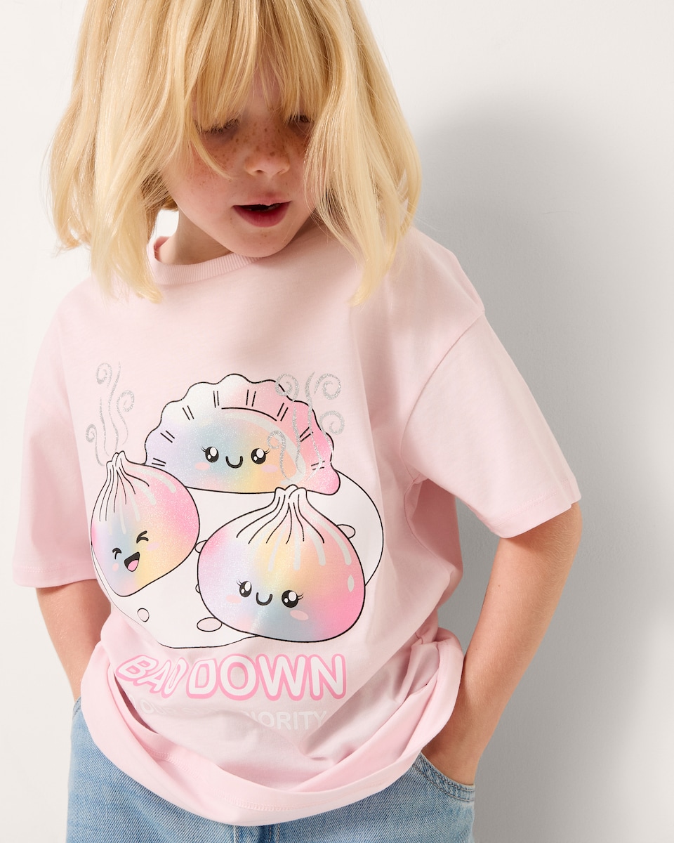 image 1 of F&F Girls Pure Cotton Printed T-Shirt in Pink