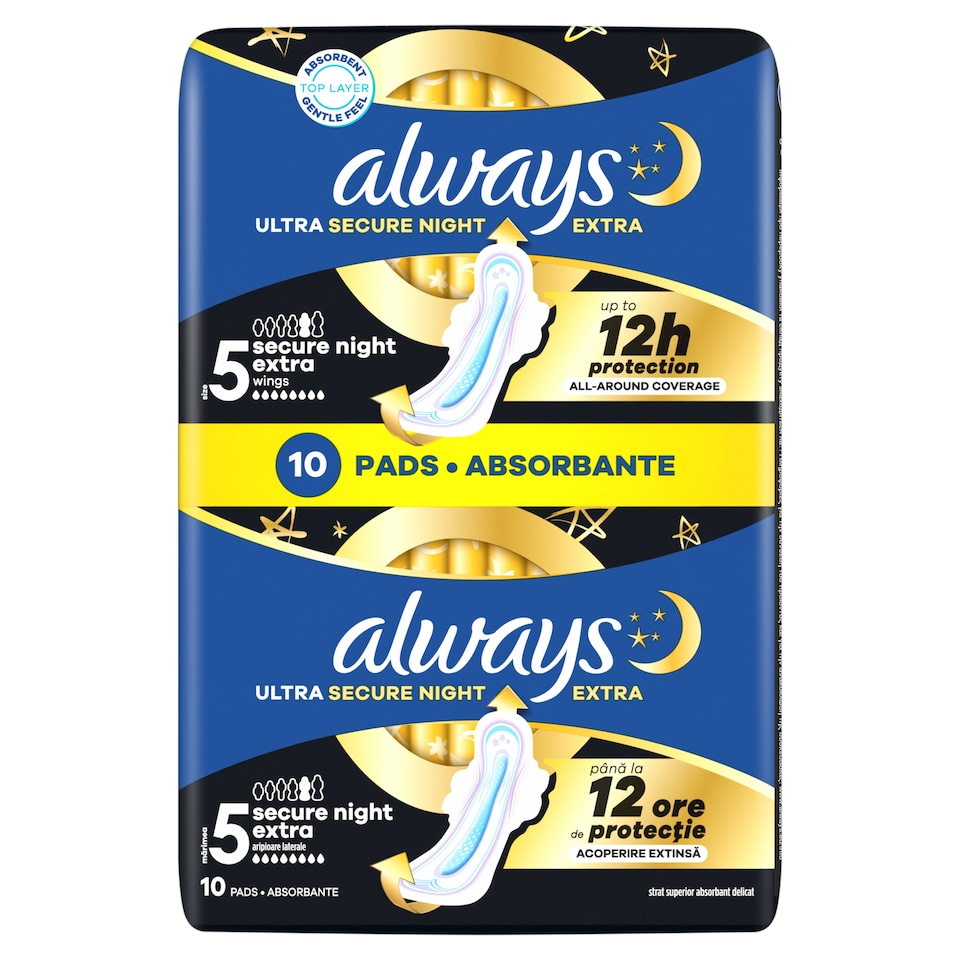 Always Ultra Secure Night Extra (5-ös Méretű) Szárnyas Betét Egészségügyi Betét, 10 Db 1. kép