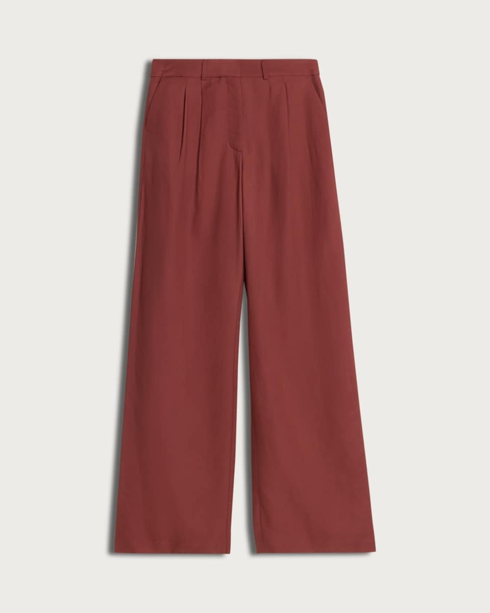 The F&F Edit Double Pleated Wide Leg Trousers with Linen in Burgundy