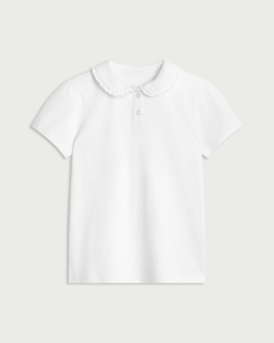 image 1 of F&F Girls School Pure Cotton Frill Collar Polo Shirt in White