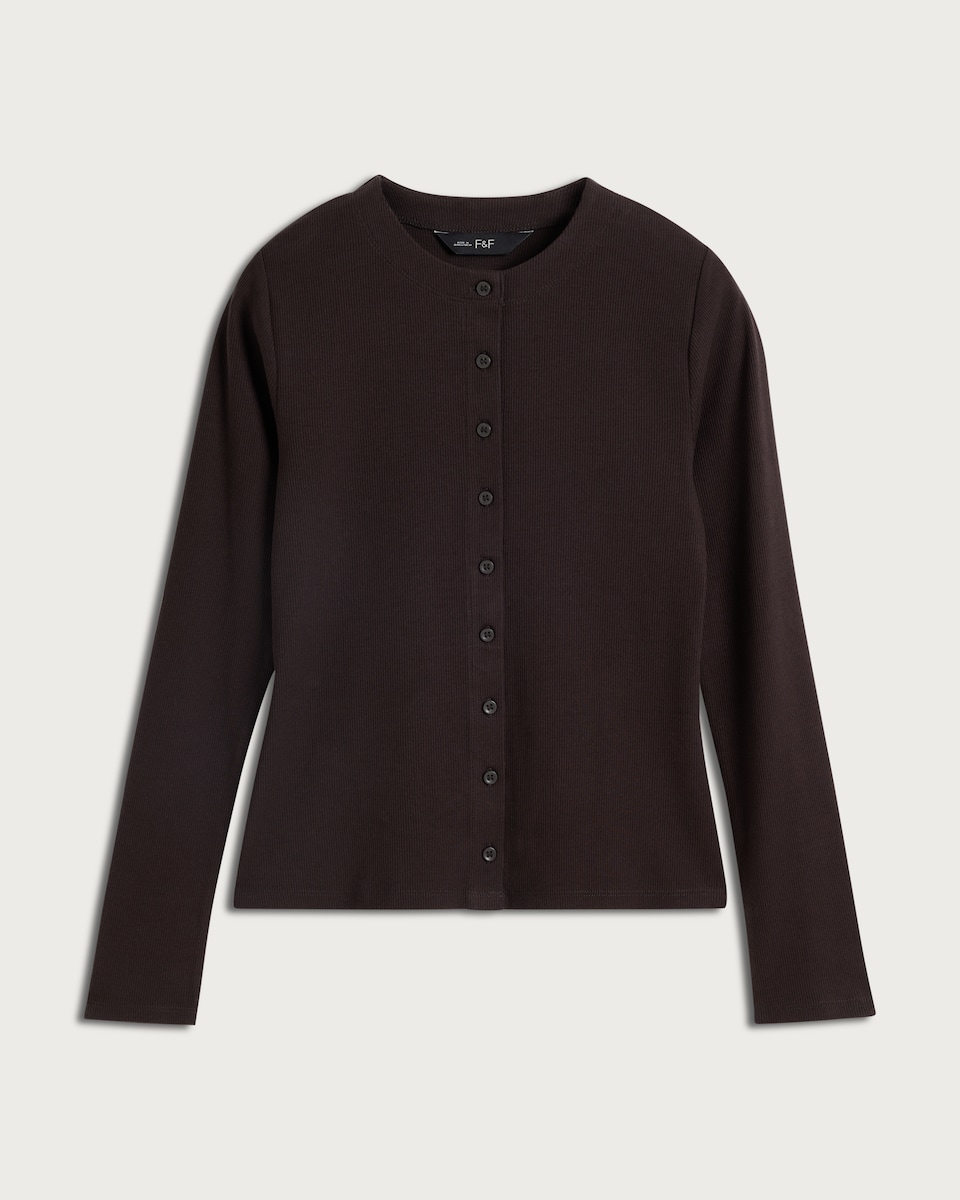image 1 of F&F Cotton Rich Ribbed Button Up Top in Brown