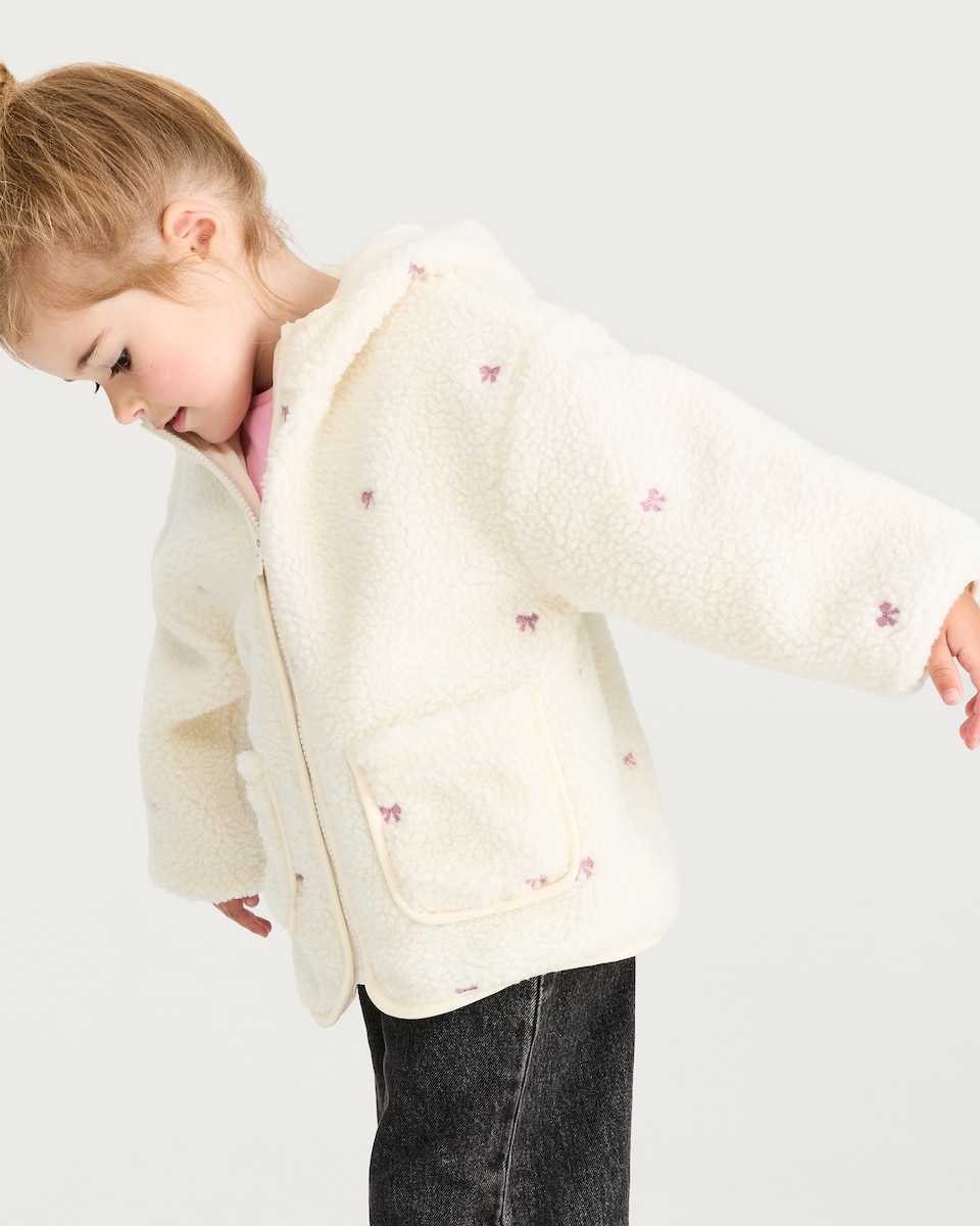 image 1 of F&F Girls Fleece Embroidered Bow Hooded Jacket in Cream