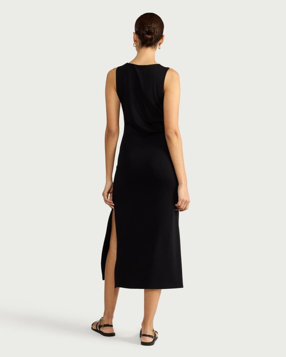 image 1 of F&F Cotton Blend Belted Sleeveless Dress in Black