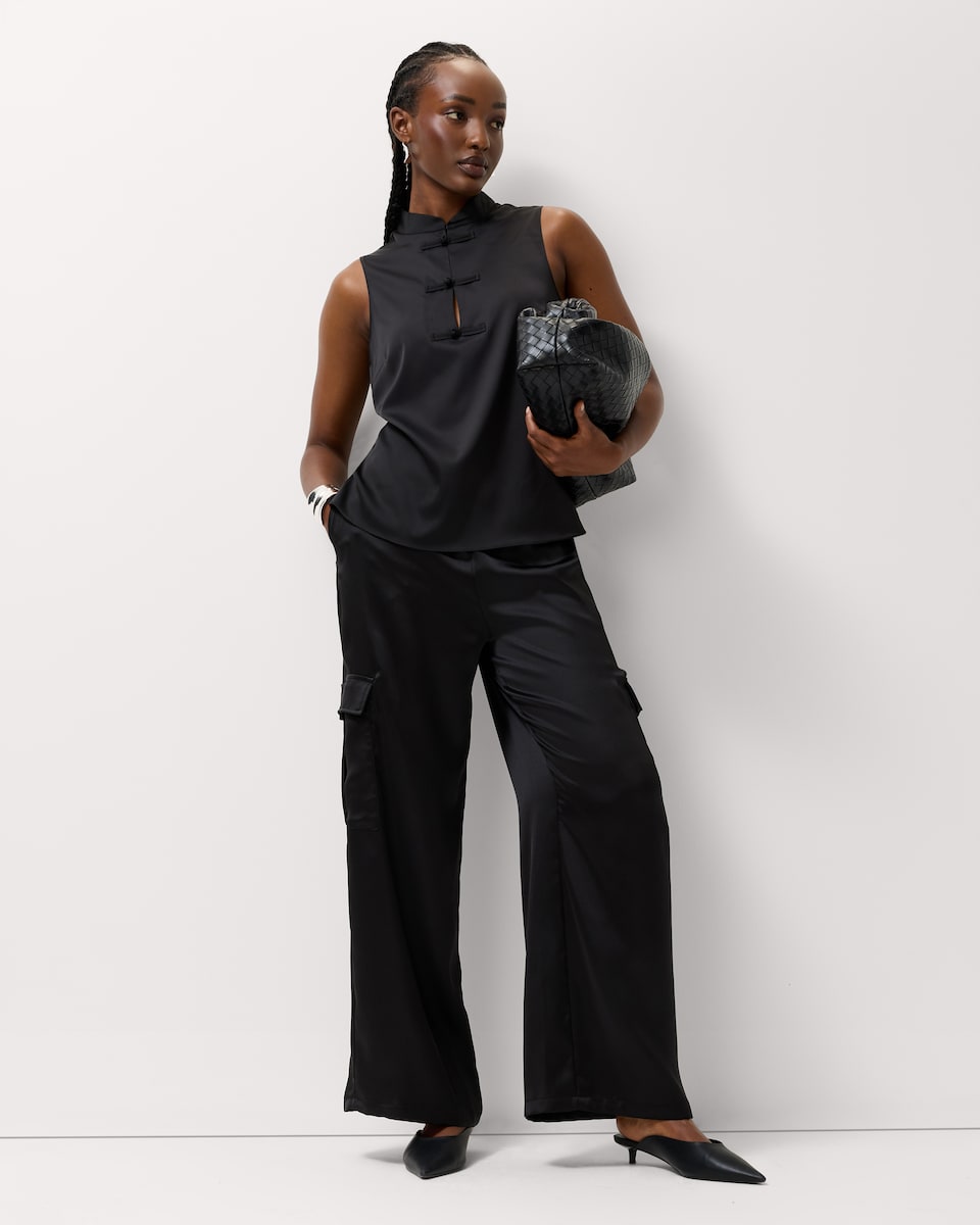 image 1 of F&F Satin Wide Leg Cargo Trousers in Black