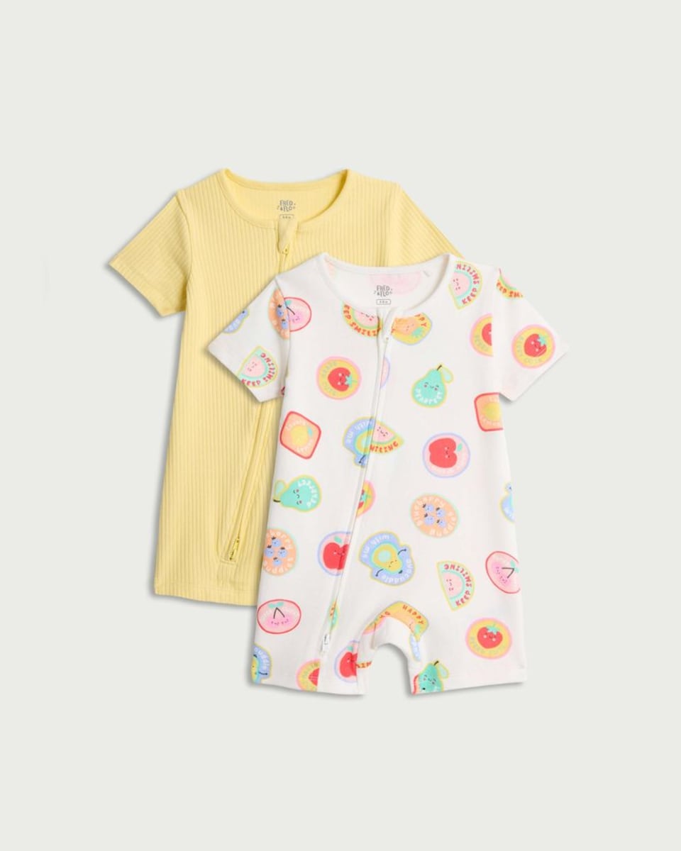 image 1 of F&F Baby 2-Pack Cotton Rich Short Sleeved Rompers in Yellow