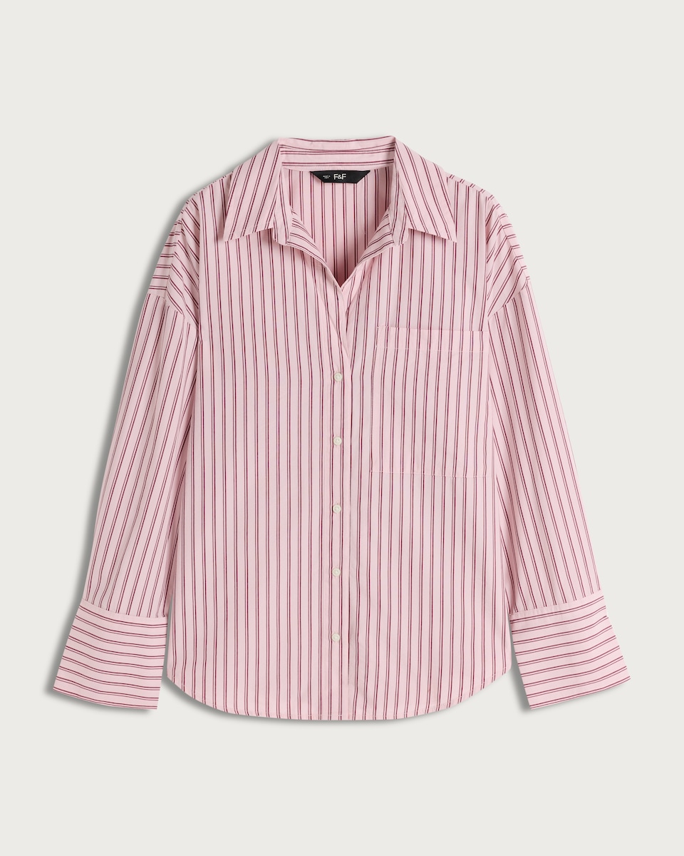 image 1 of F&F Cotton Rich Stripe Print Button Up Oversized Fit Shirt in Multi Pink