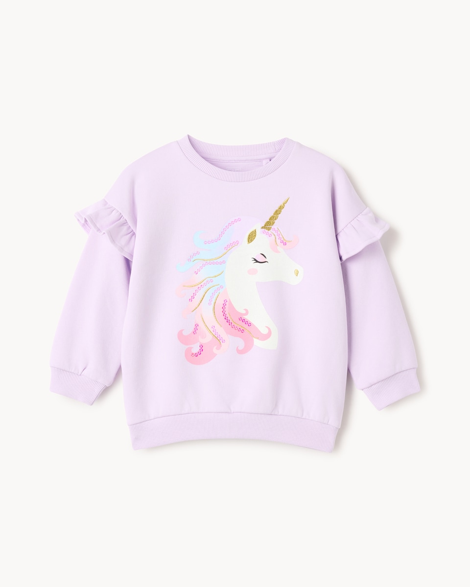 image 1 of F&F Girls Cotton Rich Unicorn Sweatshirt in Lilac