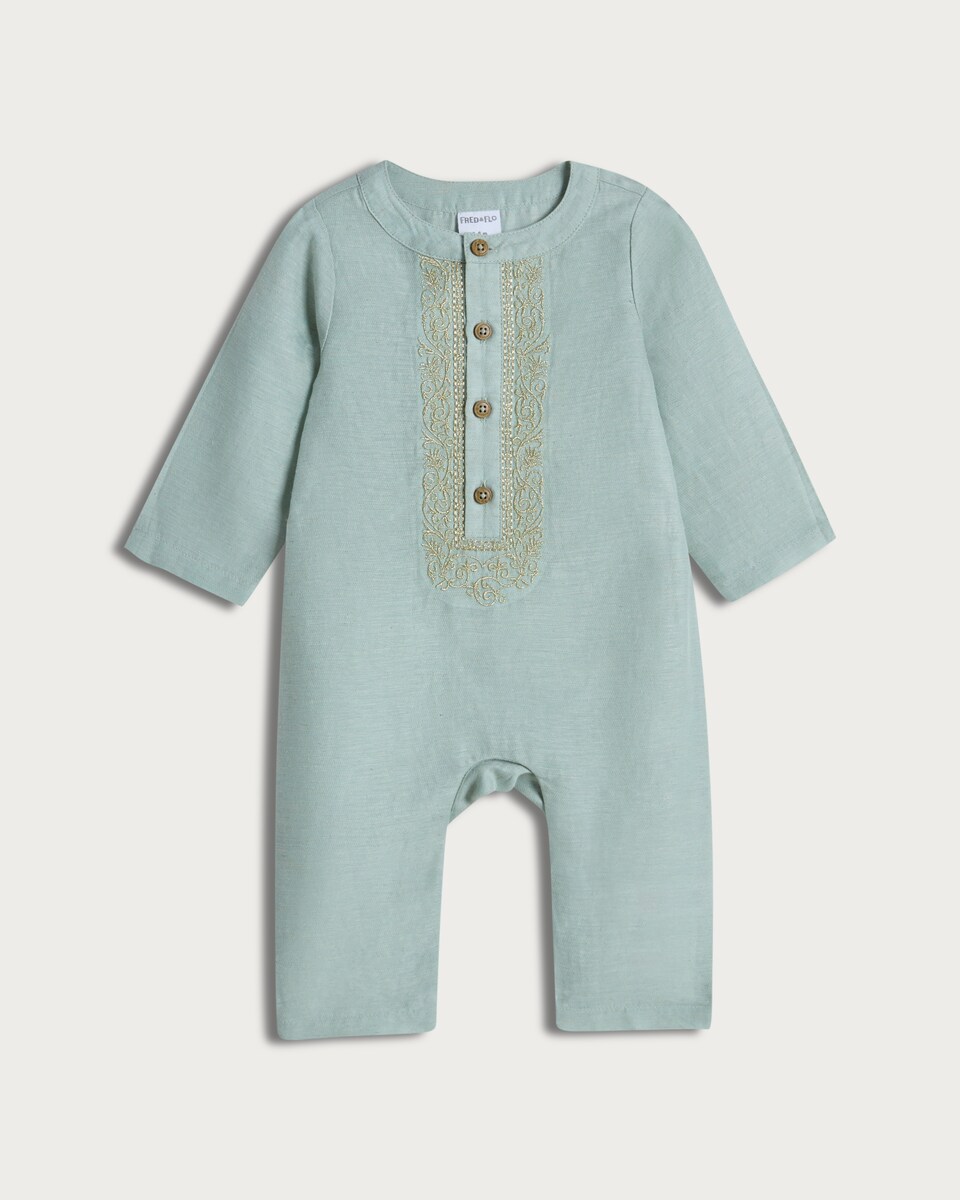image 1 of F&F Baby Linen Blend Embroidered Romper in Blue
