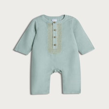 F&F Baby Linen Blend Embroidered Romper in Blue