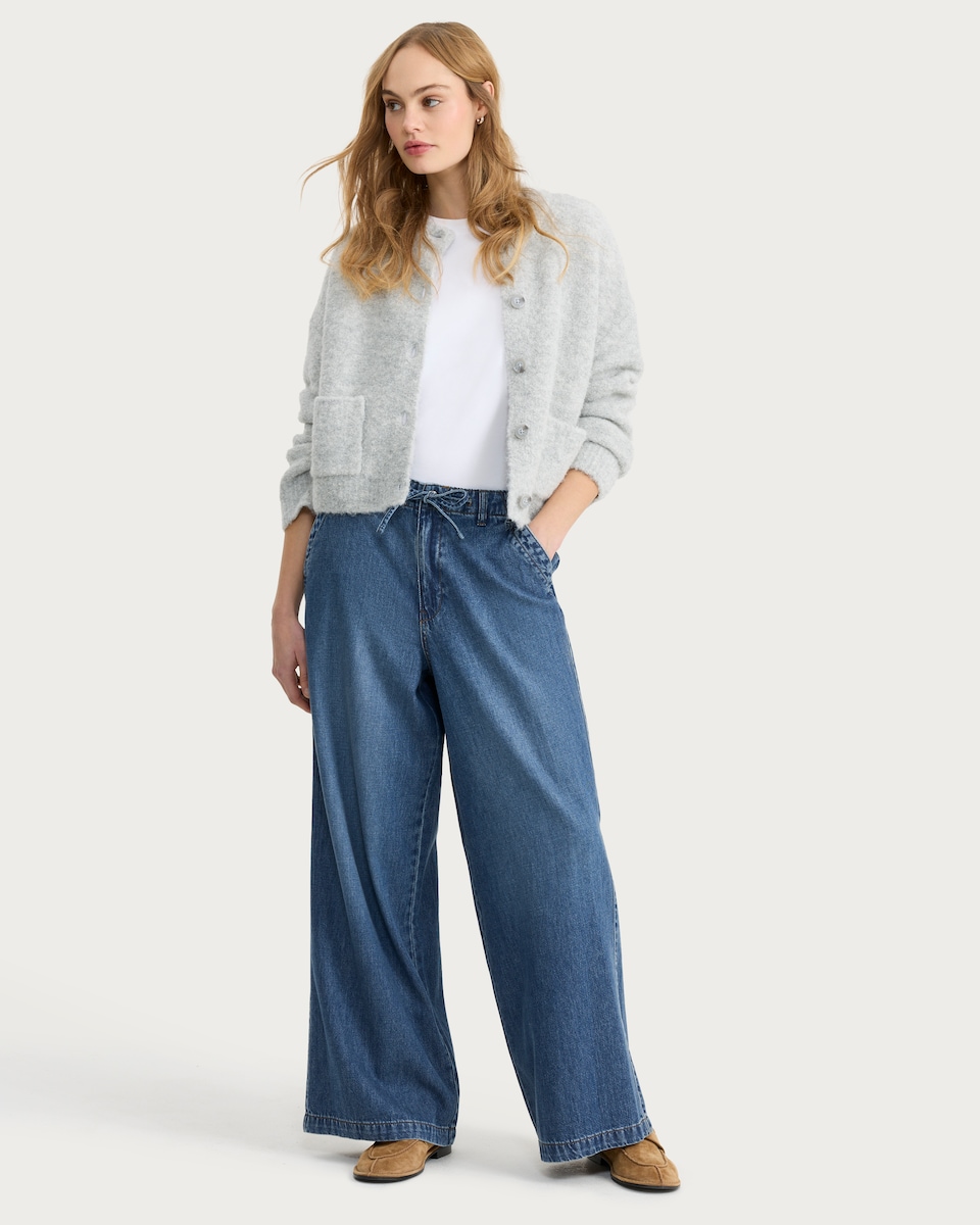image 1 of F&F Cotton Rich Wide Leg Drawstring Jeans in Blue