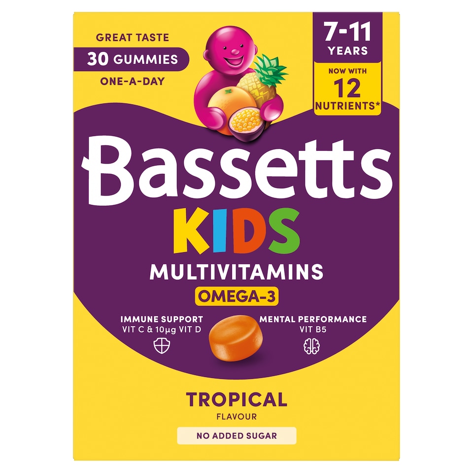 image 1 of Bassetts Kids Multivitamin Plus Omega3 7-11 years Tropical Gummies x 30