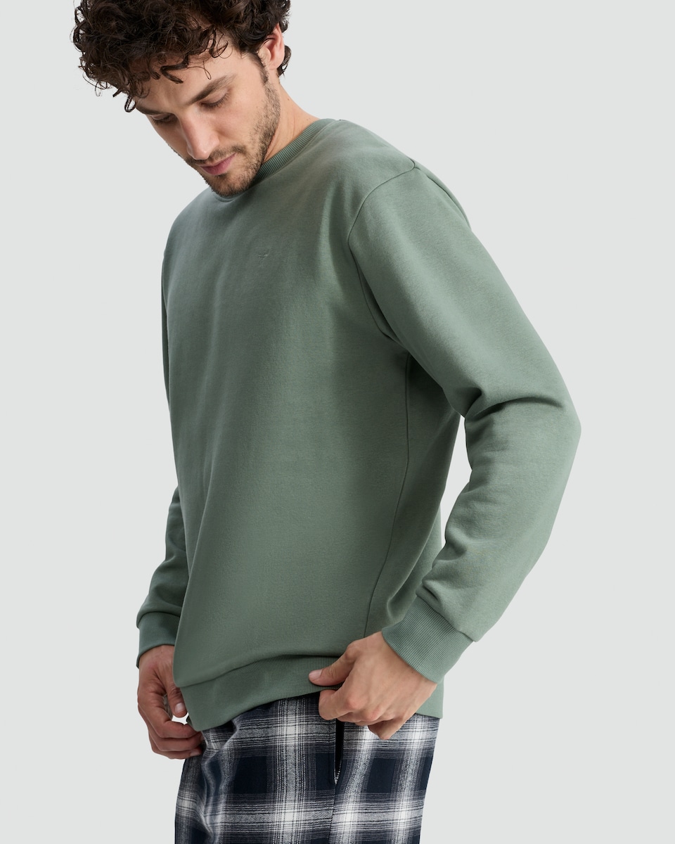 image 1 of F&F Cotton Rich Sweatshirt and Check Trousers Pyjamas Set in Khaki