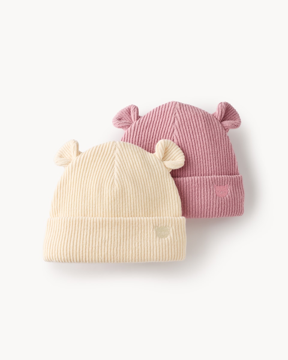 image 1 of F&F Baby 2-Pack Ribbed Bear Ear Beanie Hats in Pink
