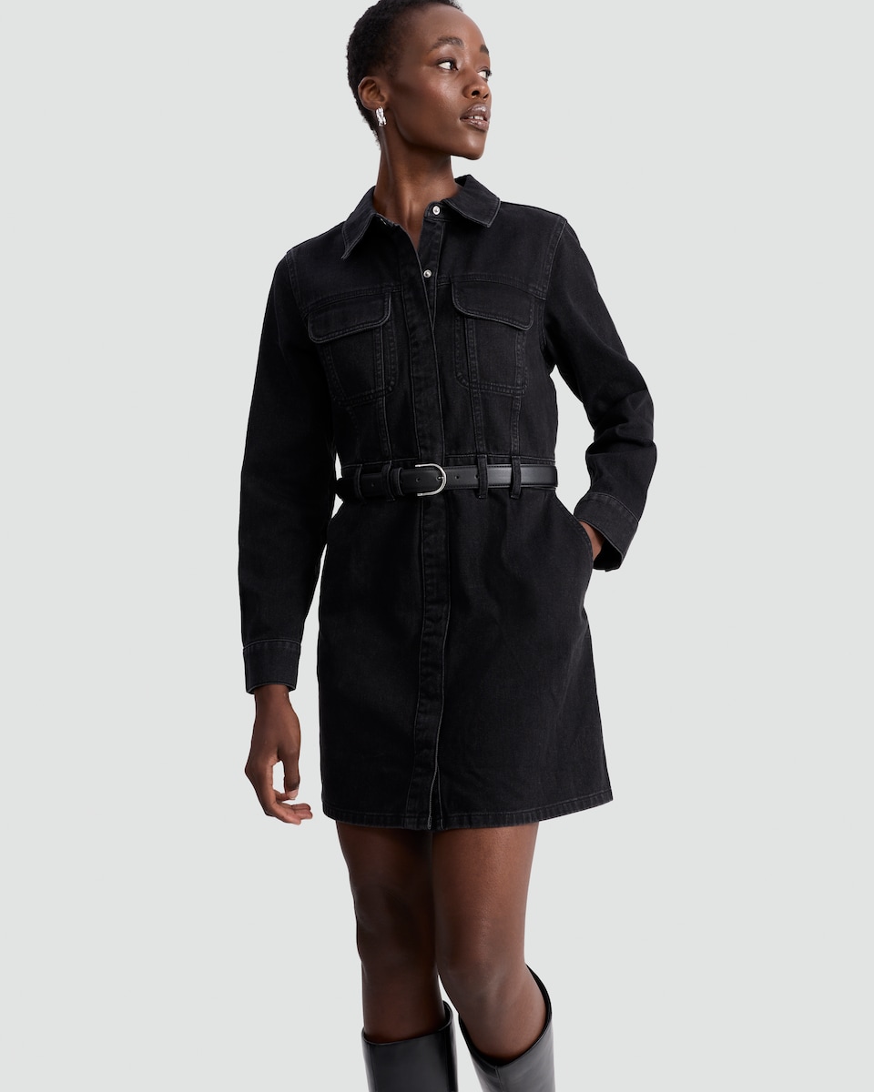 image 1 of F&F Pure Cotton Denim Utility Shirt Dress in Black