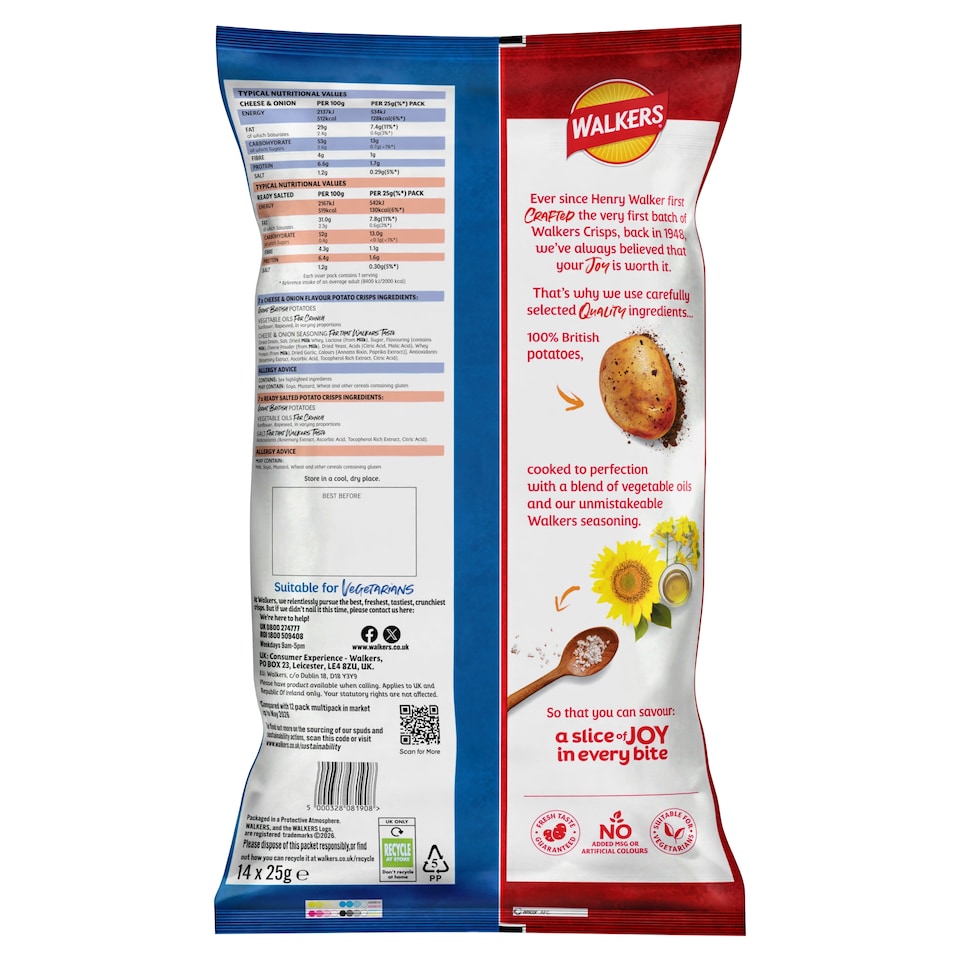 image 1 of Walkers Ready Salted and Cheese & Onion Multipack Crisps 14x25g