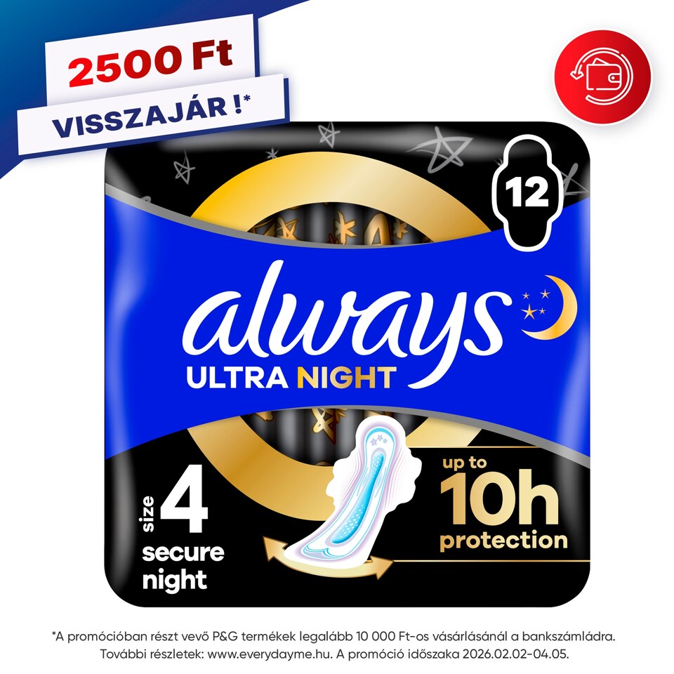 Always Ultra Secure Night Egészségügyi Betét (4-es Méret) Szárnyas Betét x 12]  1. kép