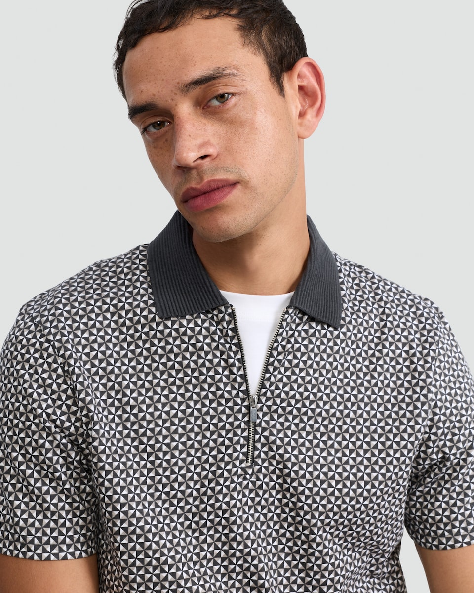 image 1 of F&F Pure Cotton Geometric Print Short Sleeved Polo Shirt in Cream