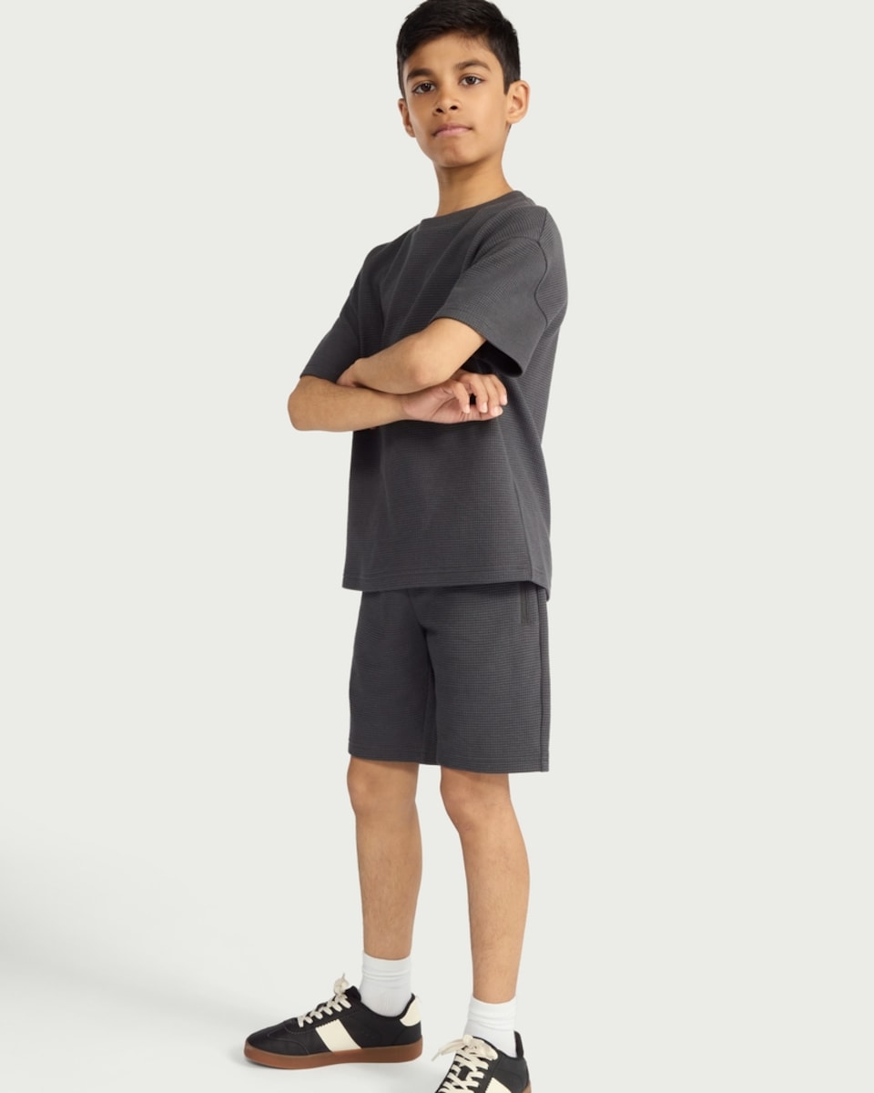 image 1 of F&F Boys 2-Piece Waffle Textured T-Shirt and Shorts Set in Grey