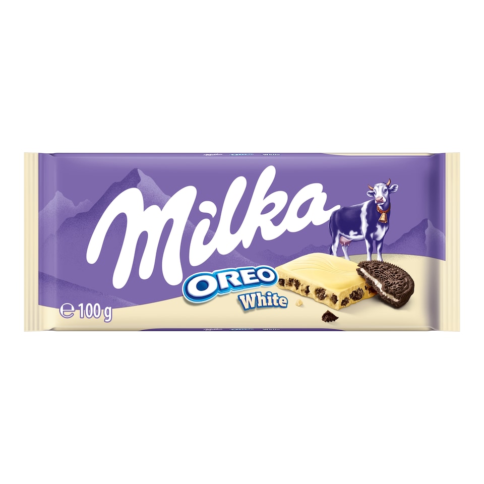 Milka Oreo White fehér csokoládé vaníliaízű, tejes krémtöltelékkel és kakaós kekszdarabokkal 100 g