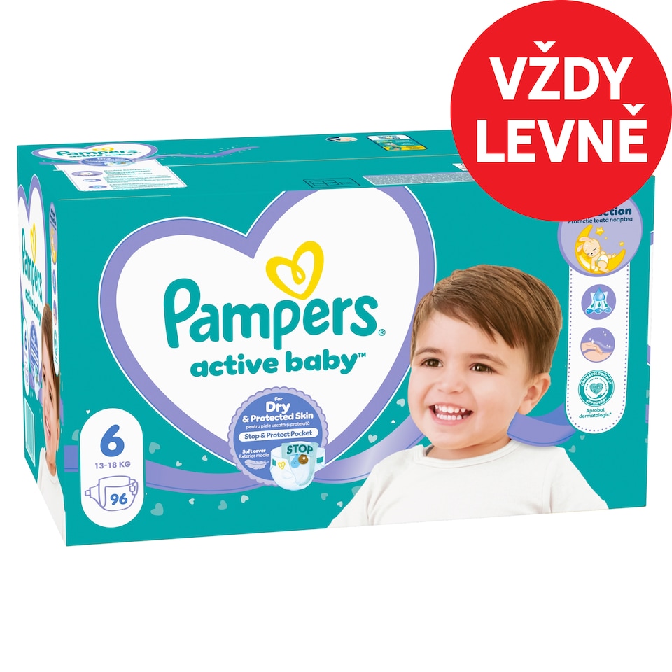 Obrázek 1 pro produkt Pampers Active Baby, Velikost 6, 96 Plenky, 13kg-18kg