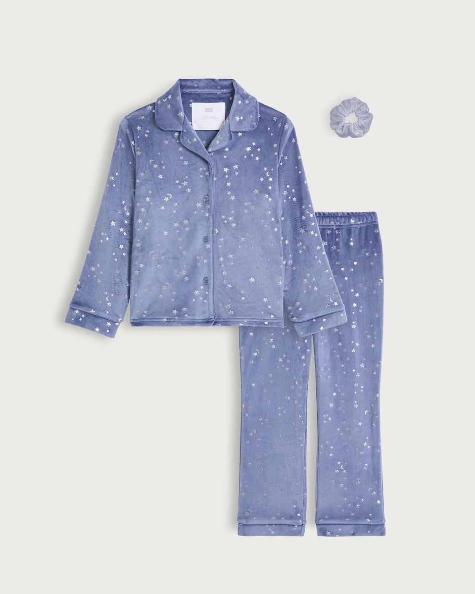 image 1 of F&F Girls Minky Textured Star Print Scrunchie Pyjama Set in Navy