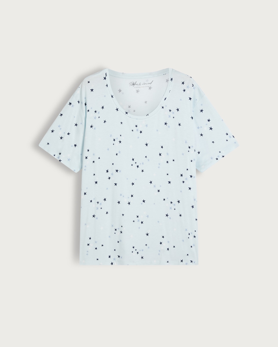image 1 of F&F Star Print Short Sleeved Pyjama Top in Multi Blue