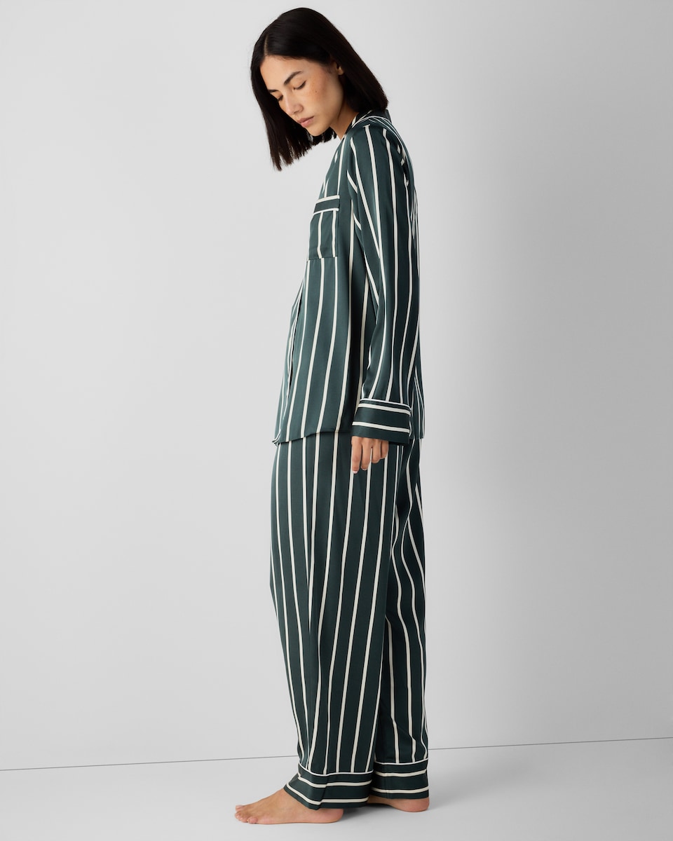 image 1 of F&F CoolEase™ Satin Striped Revere Pyjama Set in Multi Green