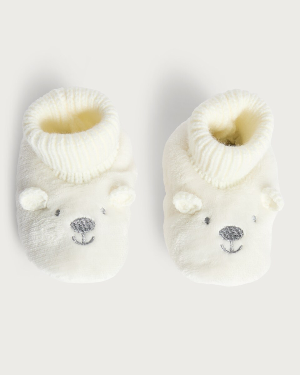 image 1 of F&F Baby Fleece Bear Face Ribbed Booties in Multi